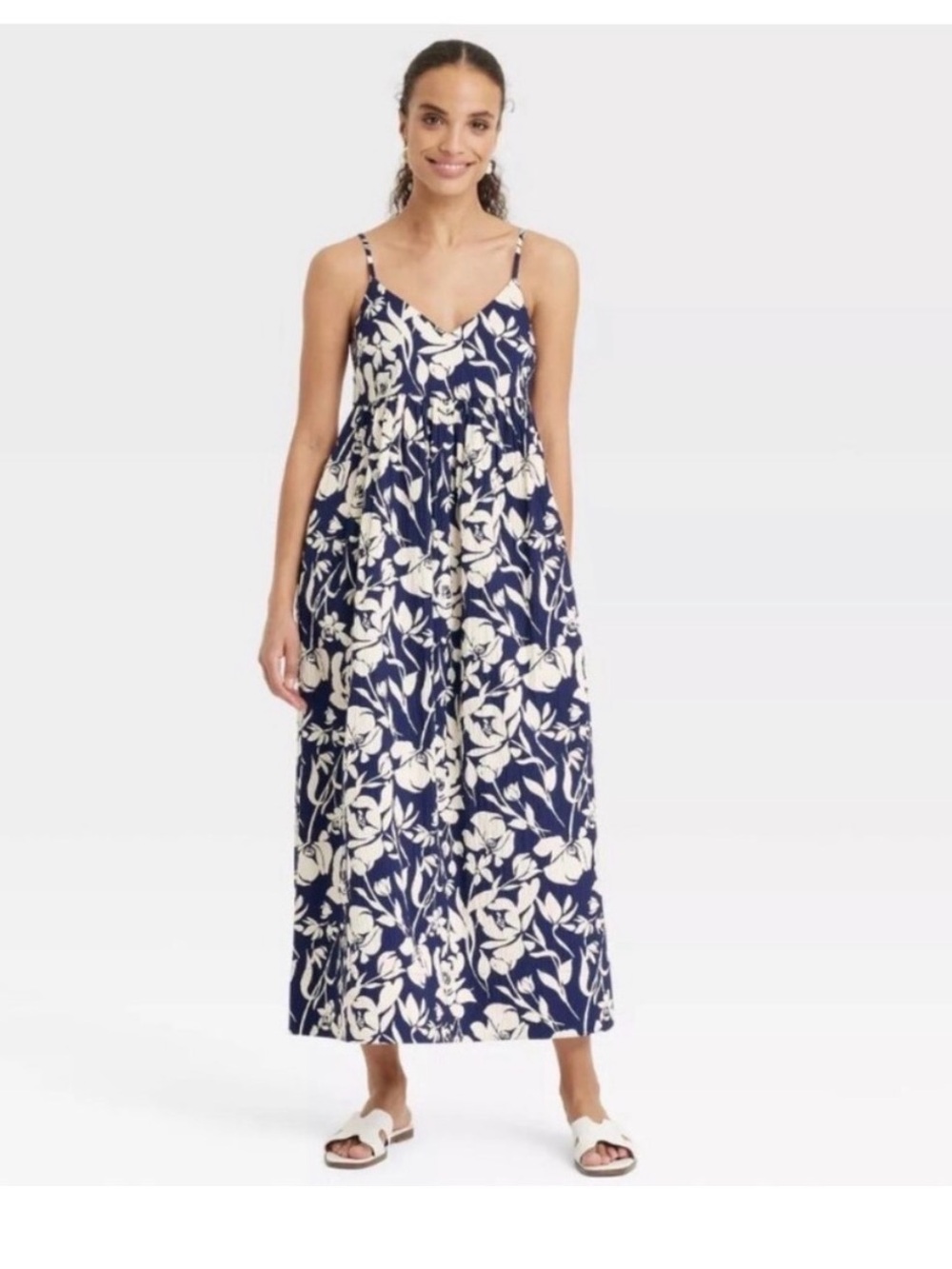 a new day Navy and Cream Floral Maxi Dress with Spaghetti Straps